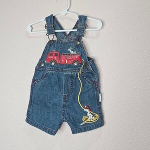 Vitamins Kids Denim Overalls Fire Truck Dalmatian Dog Embroidered Shortalls 6-9m